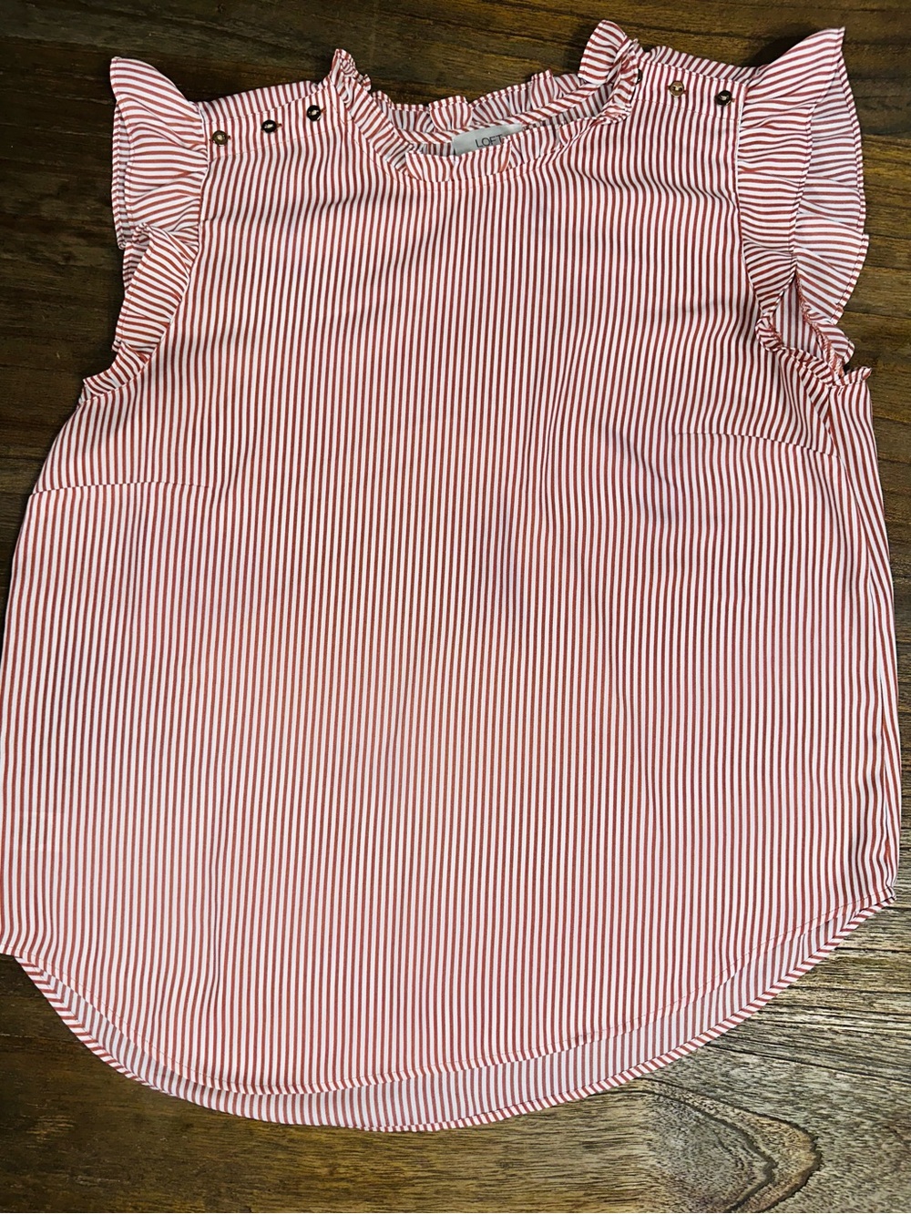 LOFT Red & White Striped Ruffle Shoulder Shell